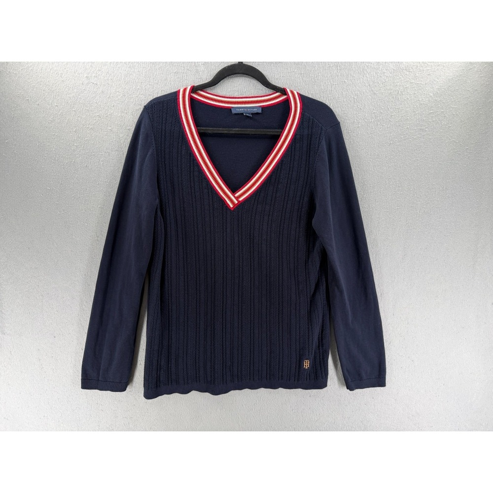 Tommy‎ Hilfiger Sweater Womens Medium Blue Red Striped Collar Academia Old Money